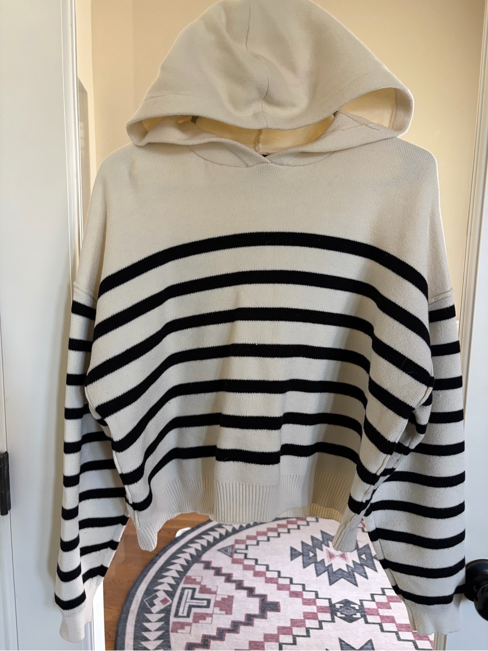 Hooded Striped Pullover Sweater in Cream and Black